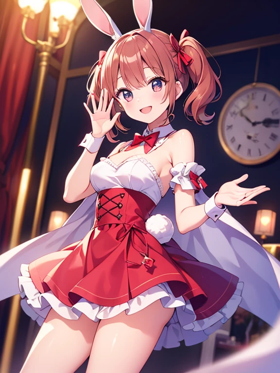 masterpiece, best quality, ,,<lora:llmaki-nvwls-v1-000010:0.9> altidolMaki, frilled choker, mini top hat, black hat, frilled shirt, short sleeves, red bow, suspenders, red skirt, fingerless gloves, frilled thighhighs, cowboy shot, looking at viewer, smile, stage, spotlight, night sky