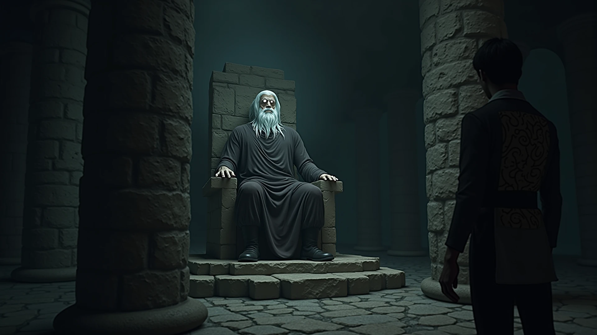 Gigantic stone statue of a monarch sitting on a throne, he has a really terrifying big smile, effroyable et cruel, 