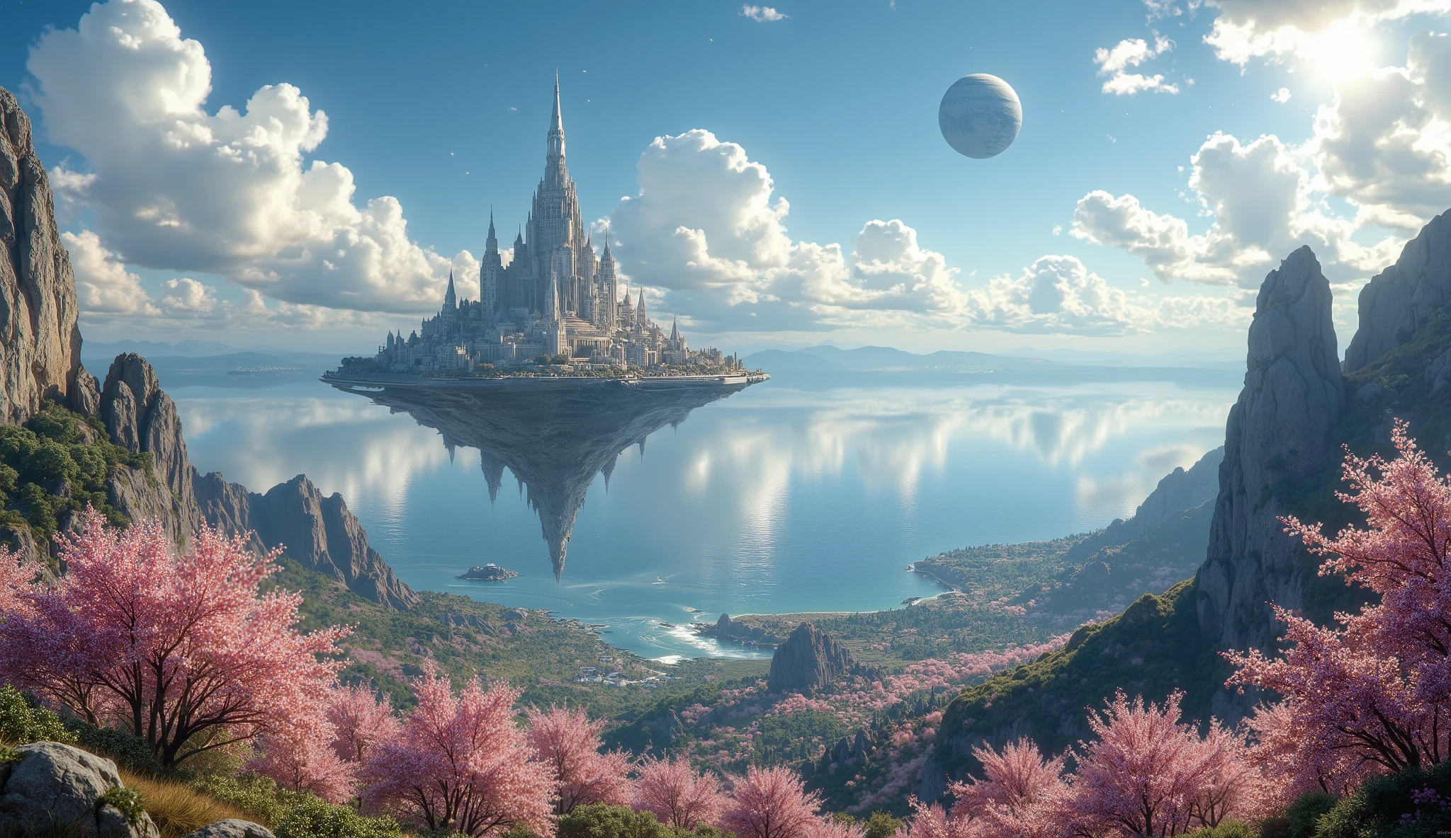 masterpiece, a city in the sky on the top of Mount Olympus, A large ocean, a large forest of cherry blossoms, many clouds everywhere, a planet in the sky and stars, una ciudad en la cima del monte olimpo muy detailed, beautiful cherry blossom forest of breathtaking color, clouds all over the landscape,  a beautiful planet  , wallpaper, 4k, High definition, detailed, 8K, bottom
