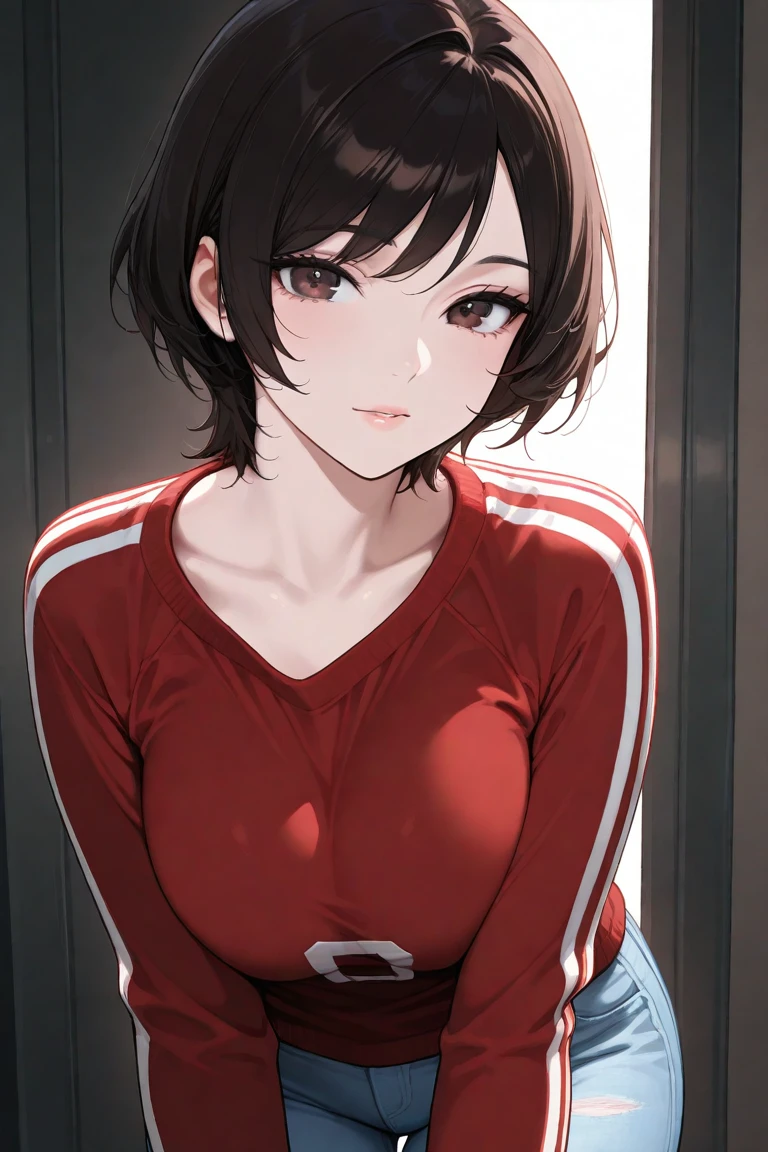 (Best quality:1.1), (Masterpiece:1.2), 5 girls，track suit，are standing，Highqualityshadow, Beautiful detailed, Beautiful face, Detailed eyes,Depth of field, A high resolution, Best shadow, Best illumination, Kizi, view the viewer, （Five-color hair:1.3)，Brush cut，extra very short hair, Blunt bangs, Long hair, Black eyes, Shy, Large breasts, Miniskirt, Volleyball hall，inside in room，Exercise posture， Sunburn，Boo marker，cleavage，looks into camera，ssmile，closeup cleavage，Superskirt