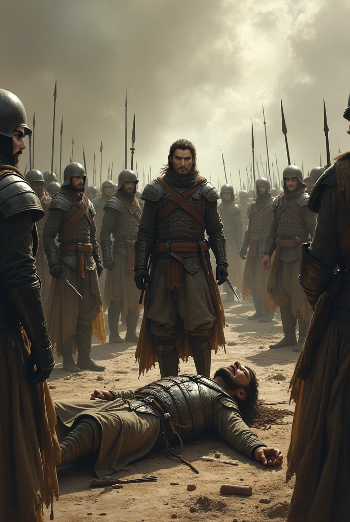 Iron Talon soldiers, clad in black and gold armor execute captured soldier by beheading him. The art style should be realistic, capturing the intense and harrowing details of the sack, emphasizing the atrocity and bloodshed committed by the Iron Talon army.