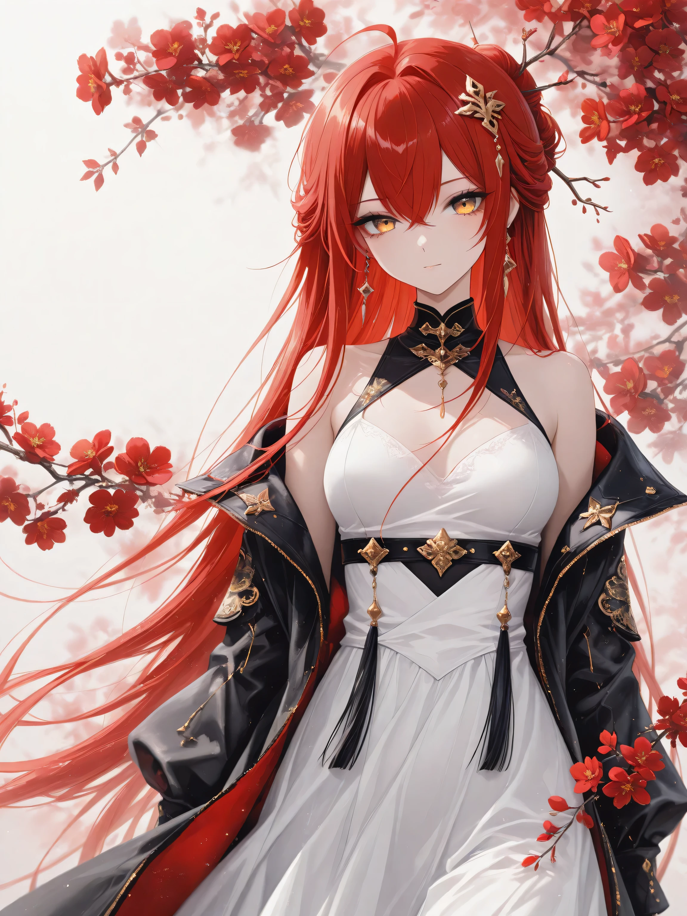 1 woman , golden eyes , very long hair , long sidelocks, red hair ,half updo, petite , very cute , beautiful ,Straight hair, cool, handsome, hair between eyes, sexy, medium large breast, low eyes, ,changli, ahoge, bare_shoulders, black_collar, black_jacket, collar, dress, earrings, hair_intakes, hair_ornament, layered_dress, open_clothes, open_jacket , white_dress, twigs with red flowers in the background