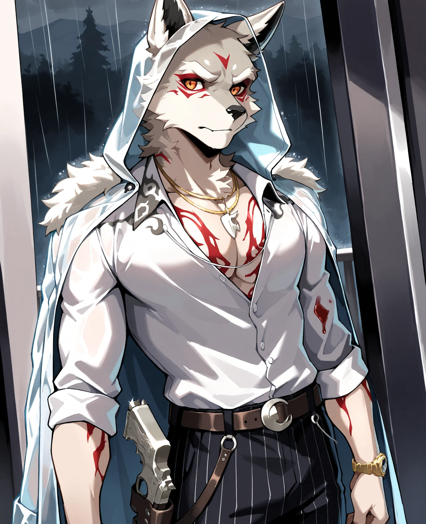  masterpiece, Best quality, amazing quality, very aesthetic, absurdress,  newest , Fletcher_Kane, fluffy, tattoo, 1 boy, orange eyes, solo male, jewelry,  Striped pants , a gun, mumble,  raincoat, belt, watch, necklace, стреляет из a gunа, Blood