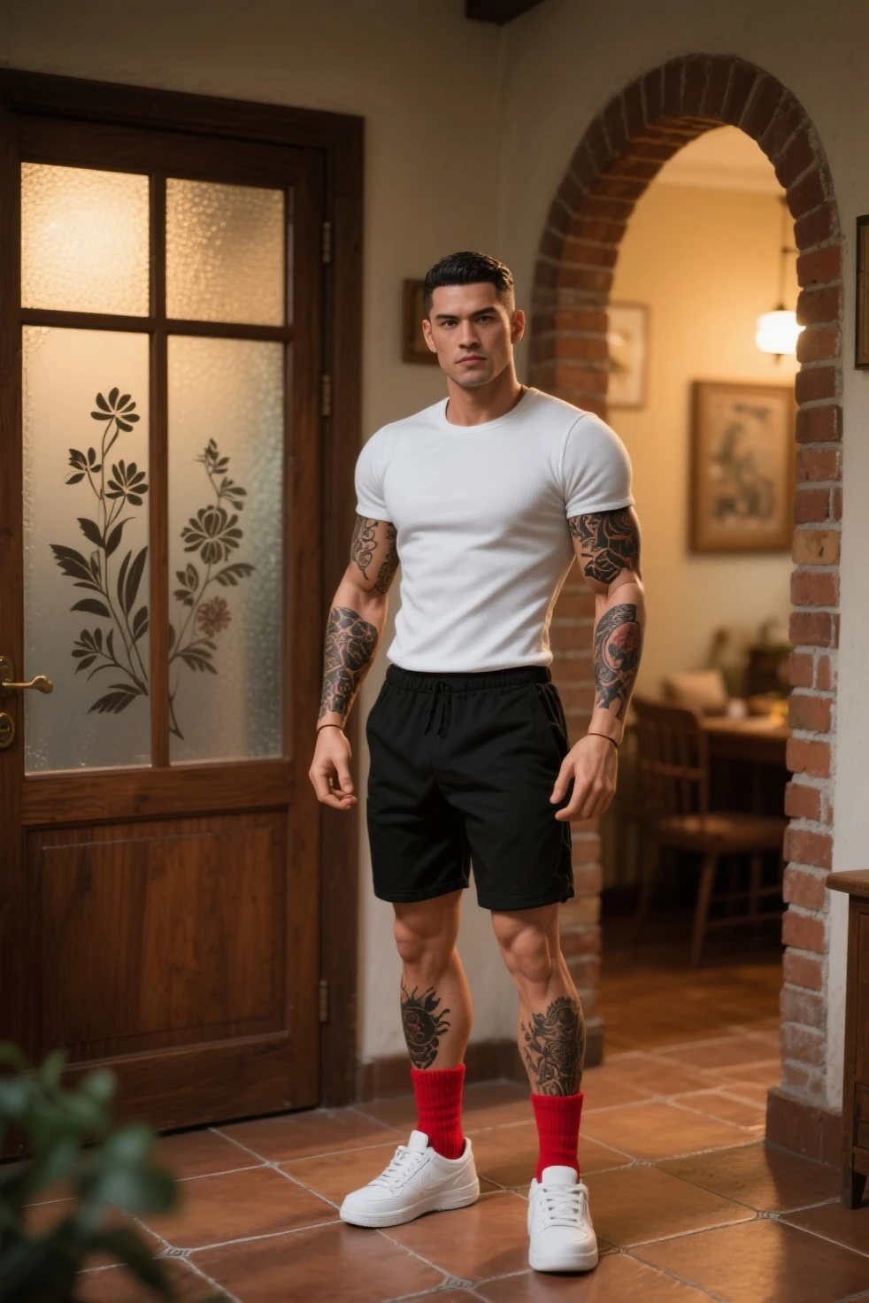 ,Japan,man，He is about 40 years old.，Rough and handsome appearance，Big muscles，large pectoral muscles，polo shirt park，Big waistline，chest hair，sitting on the roadside，Wearing the tongs，buzz cut, angry, sullen, best quality, Masterpiece，Kitchen Background，（Have muscles：4.5），（fat：1.5），（gray hair：1.5 ），（gray body hair：1.5），（skin wrinkles：1.5），（shine on the skin：1.5），