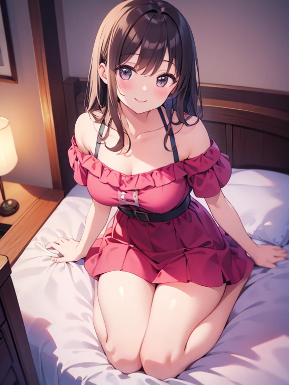a realistic image of a beautiful woman, Jennifer Anniston, with long, wavy brown hair, wearing red lace lingerie. She is seated on a bed. The background features a romantic setting surrounded with red and white roses, a lamp casting a warm glow, and a framed painting on the wall. The woman has a gentle smile, exuding a warm and inviting presence, with the overall ambiance being cozy and intimate. hyper realistic photo, vibrant colors, 16k