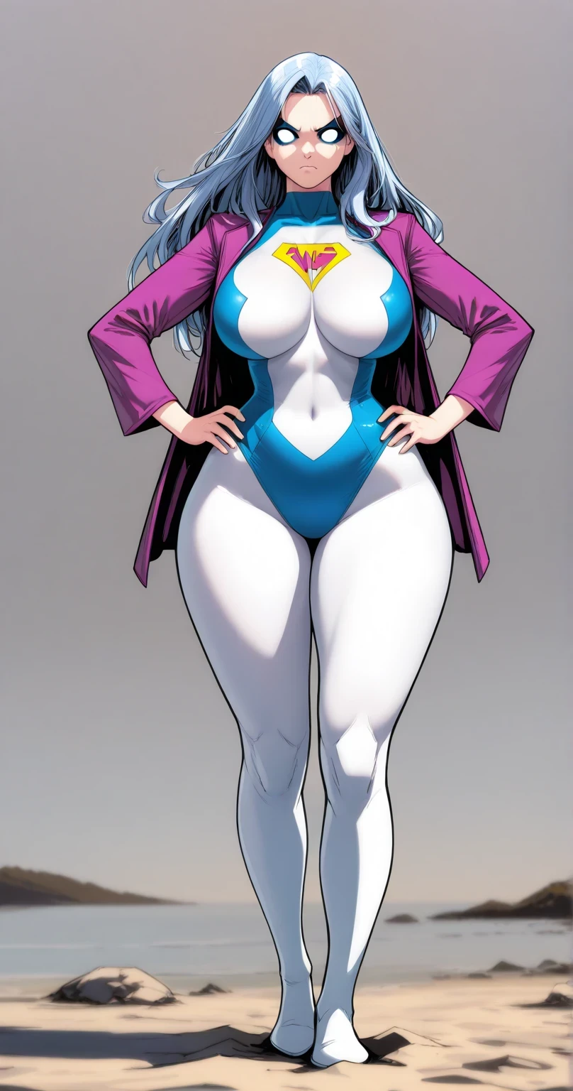 Generate an illustration of a mature Clair, gym leader of pokemon,  ponytail, holding a poke all,  de terno preto, long hair, hair flows straight down, darkblue hair, (gigantic breasts:1.4), blue outfit in anime format with a serious style, (black cape), blue tights, blue boots, gothic make up, masterpiece, dark lighting, black background, puffy lips,slendered abs, beautiful face,