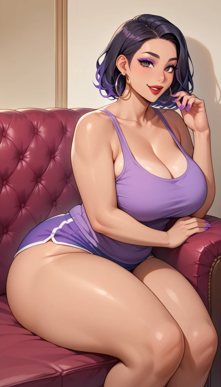 image of a 5'9ft tall woman, with dark black hair tied in a updo, pale skin and golden yellow eyes. wearing a silk violet tank top with a bra underneath her tank top, black pants and black heels. she has an athletic voluptuous body and has a small breast size. she has purple lipstick, purple painted fingernails. she has a seductive smile