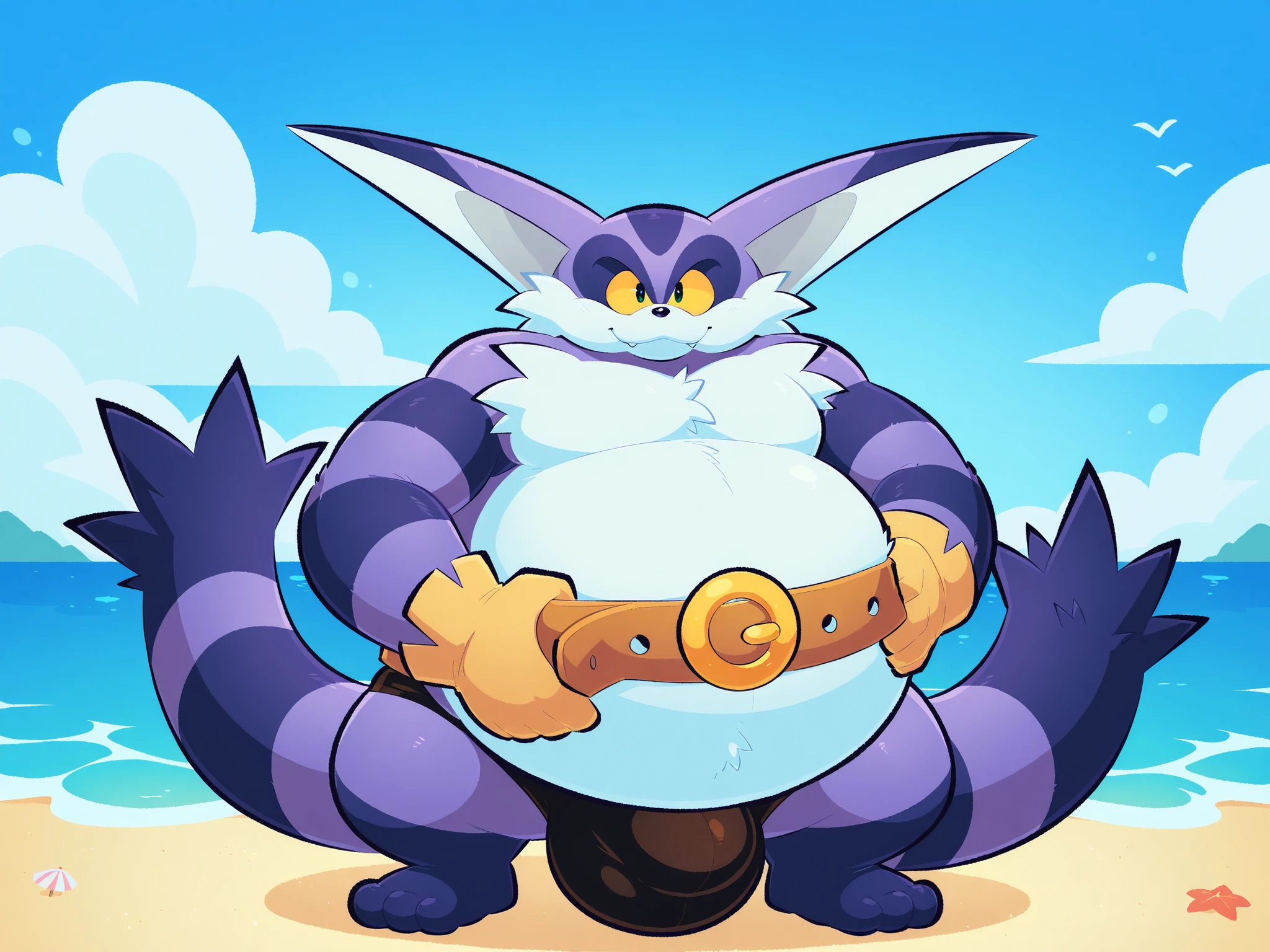 masterpiece, high quality, (konzaburou, ukan_muri, cute), (soft shading), 8k, UHD, Detailed background, detailed face, beach, (Big The Cat), anime eyes, male, (all body fluffy:1.4), (inflating:1.1), (hyper belly:1.4), (Thick legs:1.3), (fat:1.1), (Chubby Cheeks:1.3), Nude