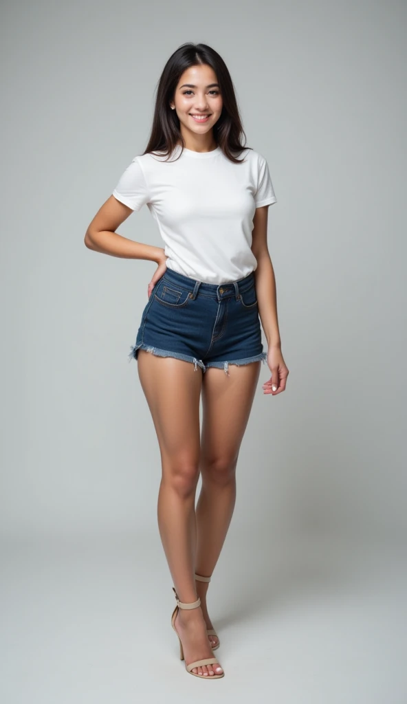 ulzzang-6500-v1.1, (Raw photo:1.2), (Photorealistic), (See-through:1.3), (Genuine:1.4), (Full Body Shot:1.2)、Long wavy silver hair, Place both sides up, (A sloppy white T-shirt, Denim Tight Shorts、Body-hugging shorts)、(Ultra-realistic pantyhose:1.3), (And colorful fluorescent sneakers), Casting a Spell, Modern Tokyo, highest quality, masterpiece, 1 girl, Very kind and beautiful girl, Beautiful sparkle, Huge file sizes, High resolution, Very detailed, highest quality, [masterpiece:1.6], An illustration, Very detailed, Ticker, Fine details, highest quality, 8k wallpaper, Cinema Lighting, Cute droopy eyes Beautiful big eyes、 ((Mastepiece)), Best Quality, 1 Girl, Eyeshadow, Realistic skin texture、Shiny skin、Bare thighs!!! , Makeup、