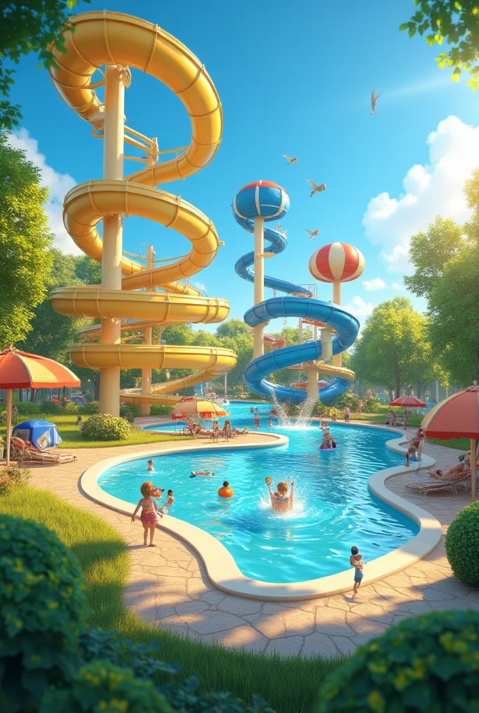 Large garden with swimming pool and many slides 