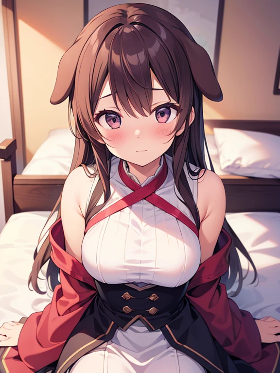 masterpiece,high quality,4k,pompous pose,on the bed,bangs,long_hair,red_eyes,big breast,brown hair,((bare shoulder)),smile,blush,cleavage,embarrassed,close,exposed,nipple,nsfw,frown