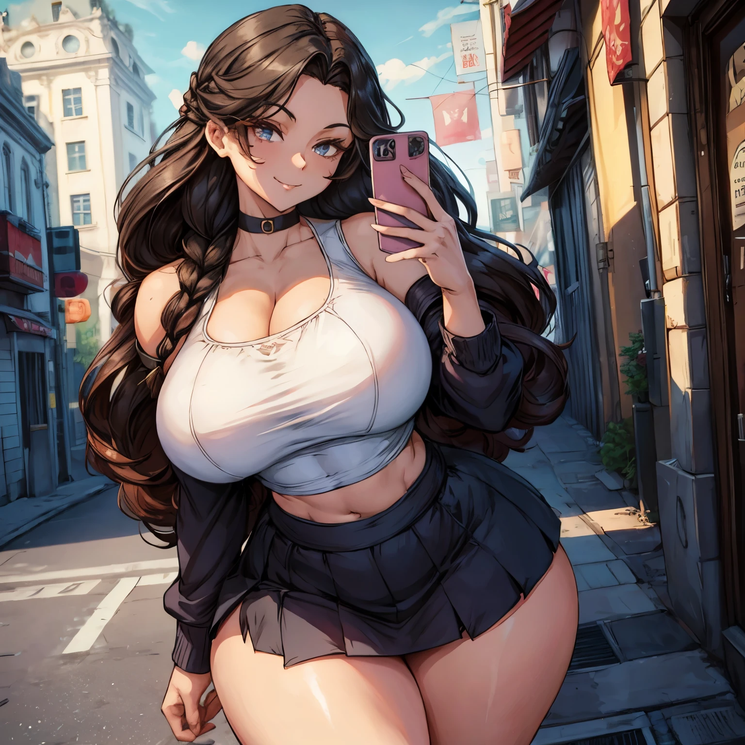 anime, 28 year old woman, taking a selfie, mischievous smile, long hair, dark hair color, stylish hairstyle, side hair long lush hair, long curls of hair pulled to the sides, Braids within the hair, curvy body, proportional body, sexy girl, beautiful mature girl, lovable character, crop top, short skirt, clarity, detailed, detailed face, very detailed drawing, smile, flirty look, city background, saturated background, perfect composition, soft natural volumetric cinematic perfect light, masterpiece