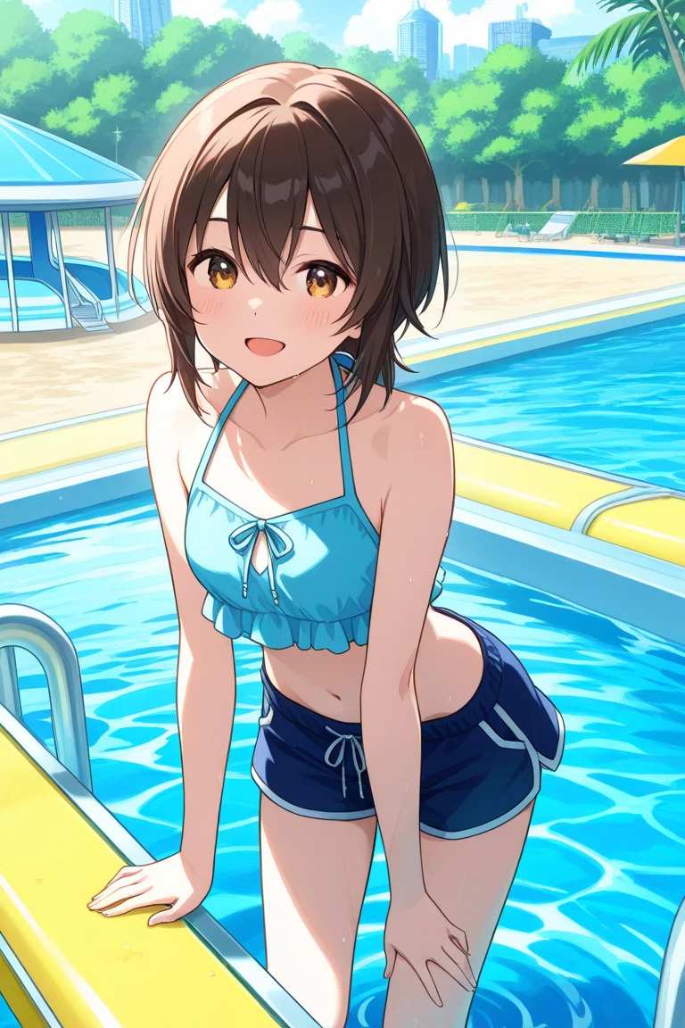 Masterpiece, Best Quality, extremely detailed, cheered up, girl,night pool,high waist bikini,SMILE,:d,action,(small breasts),ass focus