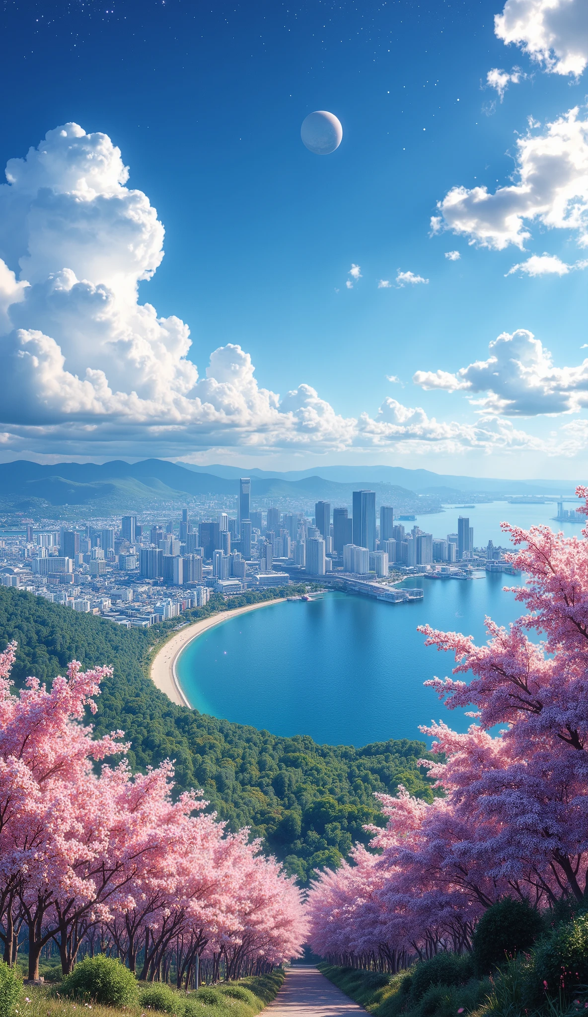 masterpiece, a big city in the center of the ocean, A beautiful big ocean, a large forest of cherry blossoms, many clouds everywhere, a planet in the sky and stars, una ciudad en la cima del monte olimpo muy detailed, beautiful cherry blossom forest of breathtaking color, cherry blossom leaves falling, clouds all over the landscape, a beautiful planet , wallpaper, 4k, High definition, detailed, 8K, bottom