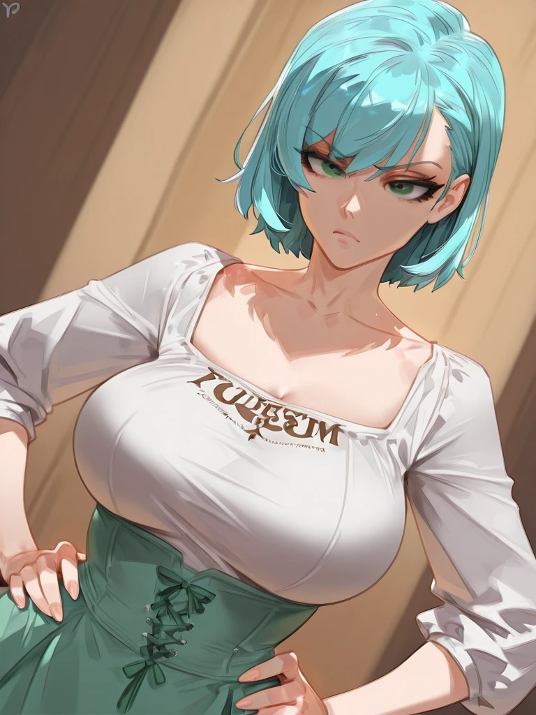 (masterpiece, highres, best quality:1.3), professional artwork, 8K, highly detailed, intricate,  vibrant image, sharp focus, trending on pixiv
 solo, mature female, 40yo, milf, curvy,  posing, castle, smiling, looking at viewer, 
white hair, short hair, (hair over one eye:0.8),  makeup, green eyes, hoop earrings, perfect eyes, perfect face, ultra detailed hair, detailed face,, thong,breasts out thighhighs, thigh boots, 
curvy, (thighs:0.7), areola slip, gigantic breasts, cleavage,witch,magic
,swimsuit