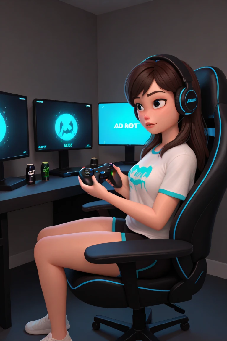 A girl plays a computer game, looks at the monitor and holds a game joystick in her hands, A girl 25 years, Girl in front of a computer monitor, Young beautiful european girl, Looks into the game, The game is visible on the monitor, Girl playing a game on the computer, The system unit of the computer is visible , The room has dim lighting (dim lighting:1.4), There is bright makeup on the gamer's face, A  girl_gamer, shapely body, sitting on the couch, bright clothes, Gamer's clothes, mini skirt, very extremely beautiful, hight resolution, Film grain, Feature photo, The girl seems cheerful, Photorealistic image against the background of a teenager's room, tmasterpiece, The work of the wizard, very extremely beautiful, Side and top view (Camera position from above:1.4, Lateral position of the camera:1.2), View from a distance of 2 meters