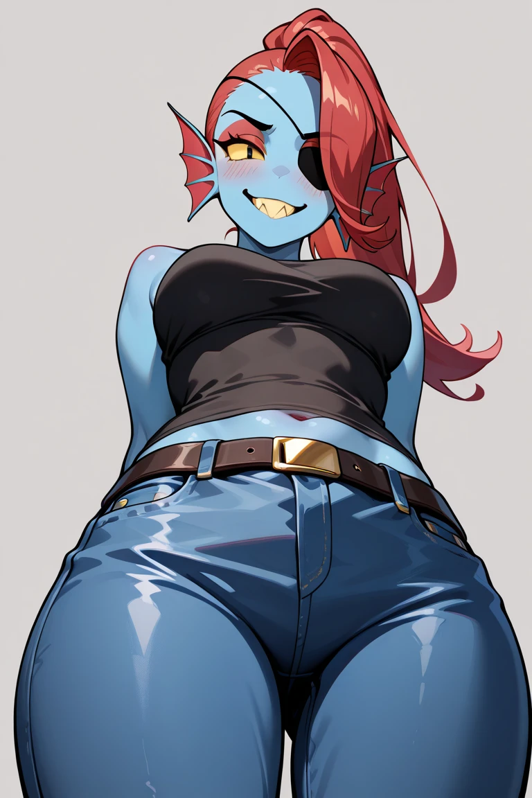 by darkgem, by duase, by bng, solo, 1girl, undyne, blue skin, red hair, huge teeth, yellow teeth, laughing, black eye patch, female, older woman, smooth body, chubby, broad shoulders, wide body, wide hips, thick thighs, big arms, heavy breasts, nipple outline, highly detailed eye, milf, tank top, (bare midriff:1.3), cleavage, large areolae, denim cutoffs, visible thong straps, Masterpiece, best quality, absurd res, highly detailed, cleanly drawn eyes, park environment, standing upright, big bottom lip, black lipstick, casual posture, hands on hips,