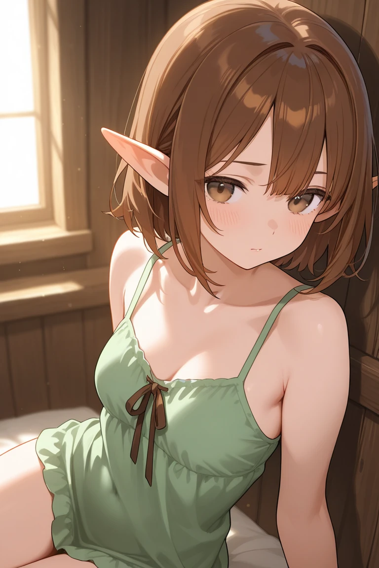 Eina Tolle、Detailed Description、high resolution、One Girl、Elf、Slender、Brown Hair、Short Hair、Glasses、(blush)、Troubled face、White bra、White 、Leaning forward、Looking up、belly button