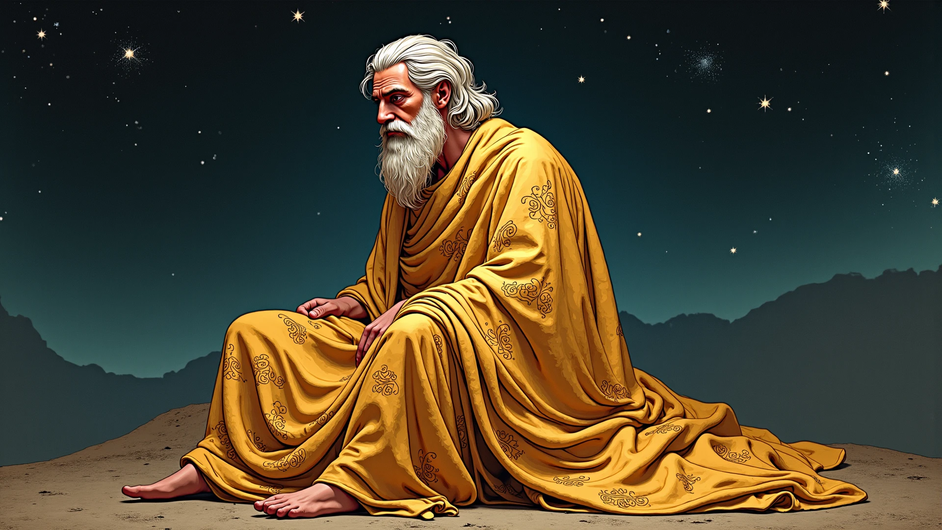 A wise old man in Arab clothes, long beard, a halo of cosmic energy over your head, sitting in a meditation position, looking directly at camera