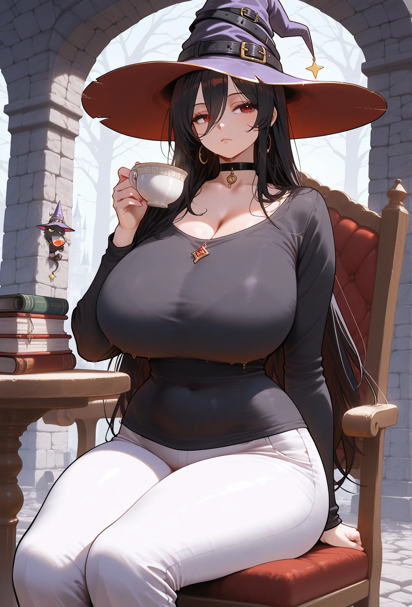 Highly detailed, raw photo, mexican human woman, drinking a mug of coffee, full body, sit on bench, long straight hair, (big breasts:1.1), (tattooed:1.2), masterpiece, high resolution, HD, 8k, best quality, intricate, inside kitchen, (detailed face and eyes:1.2), (busty), (deep cleavage:1.1), (labia outline:1.2), (teat outline:1.2).