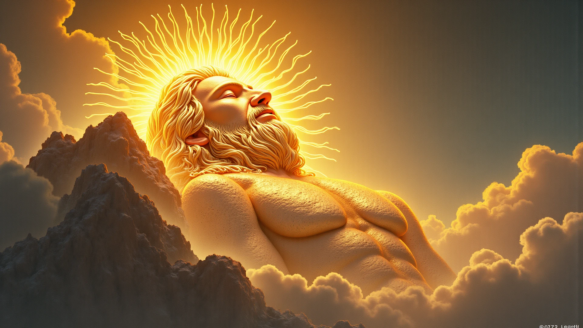 Crea una imagen del dios Apolo de la belleza, a naked man lying on a cloud with a perfect physique and perfect proportions