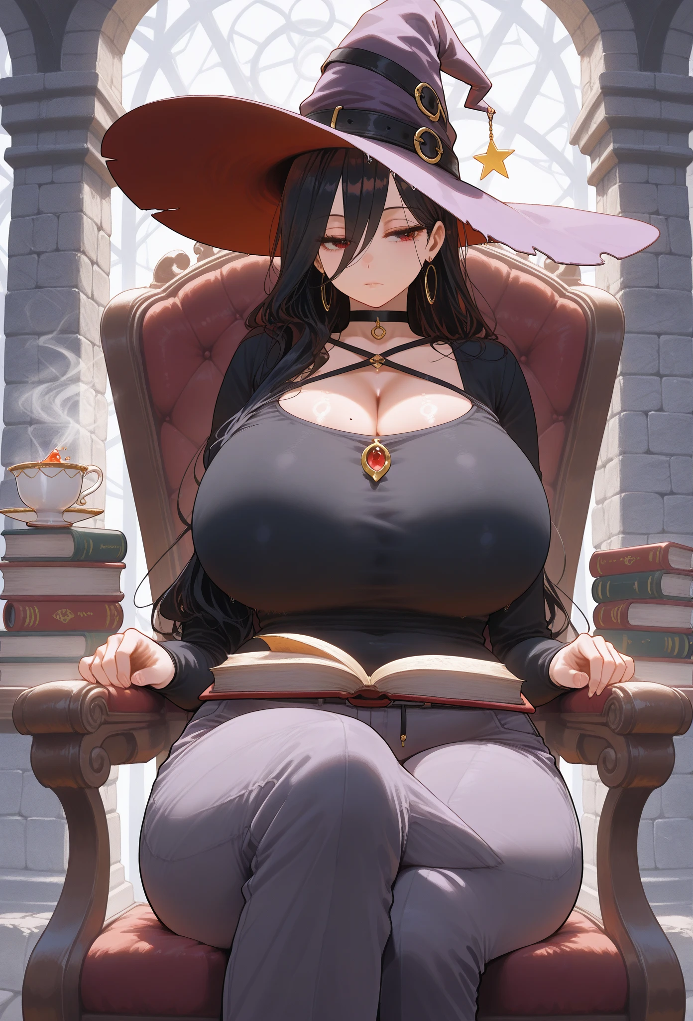(Masterpiece, Best Quality)girl with large breasts,witchy,long red hair and eyes,diamond-shaped pupil, Medieval dress, Smiling,holding a stack of books in his hands