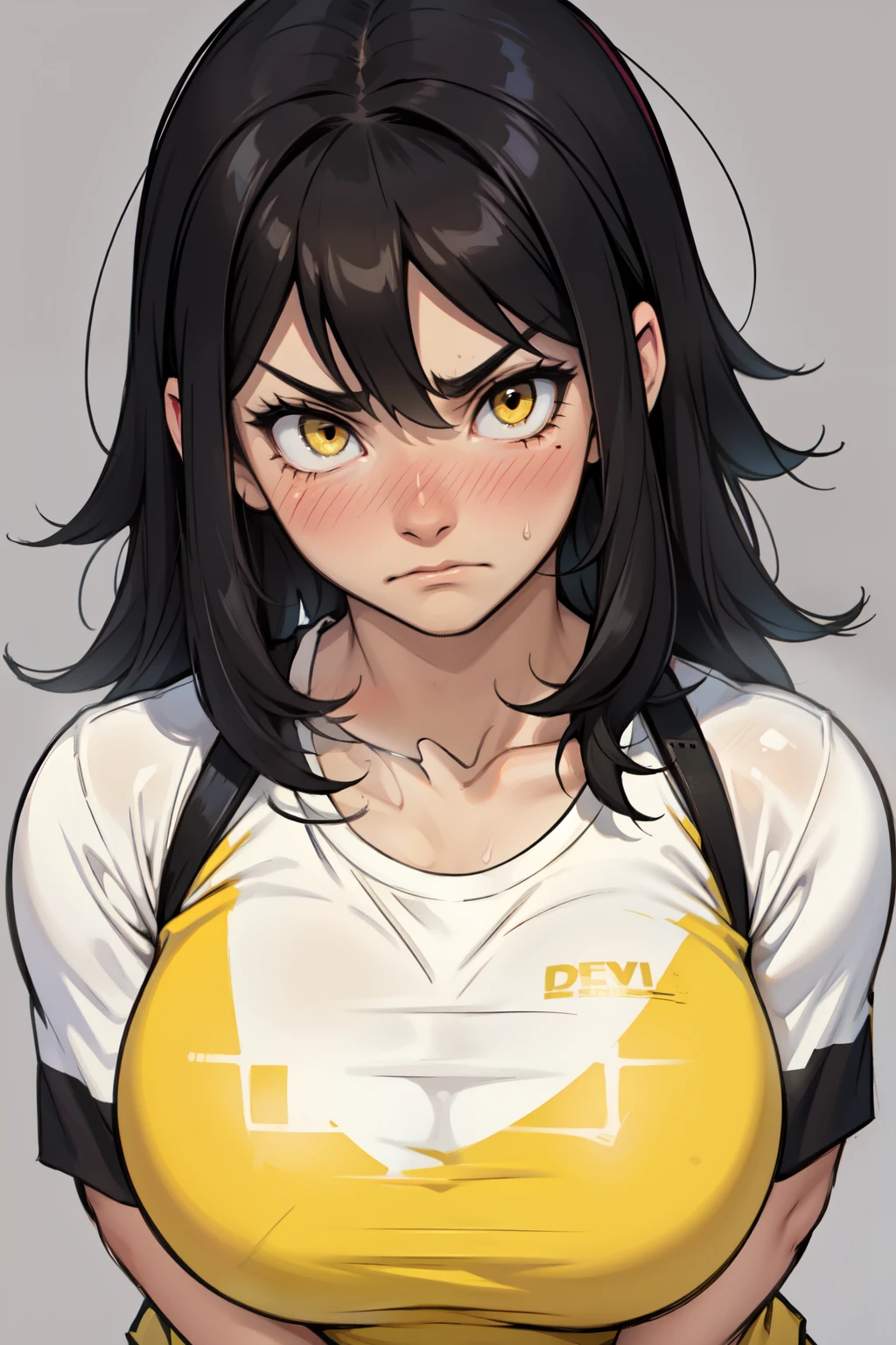 ((muscular)) girl huge breasts black hair yellow eyes pale girl tight tshirt embarrassed blush