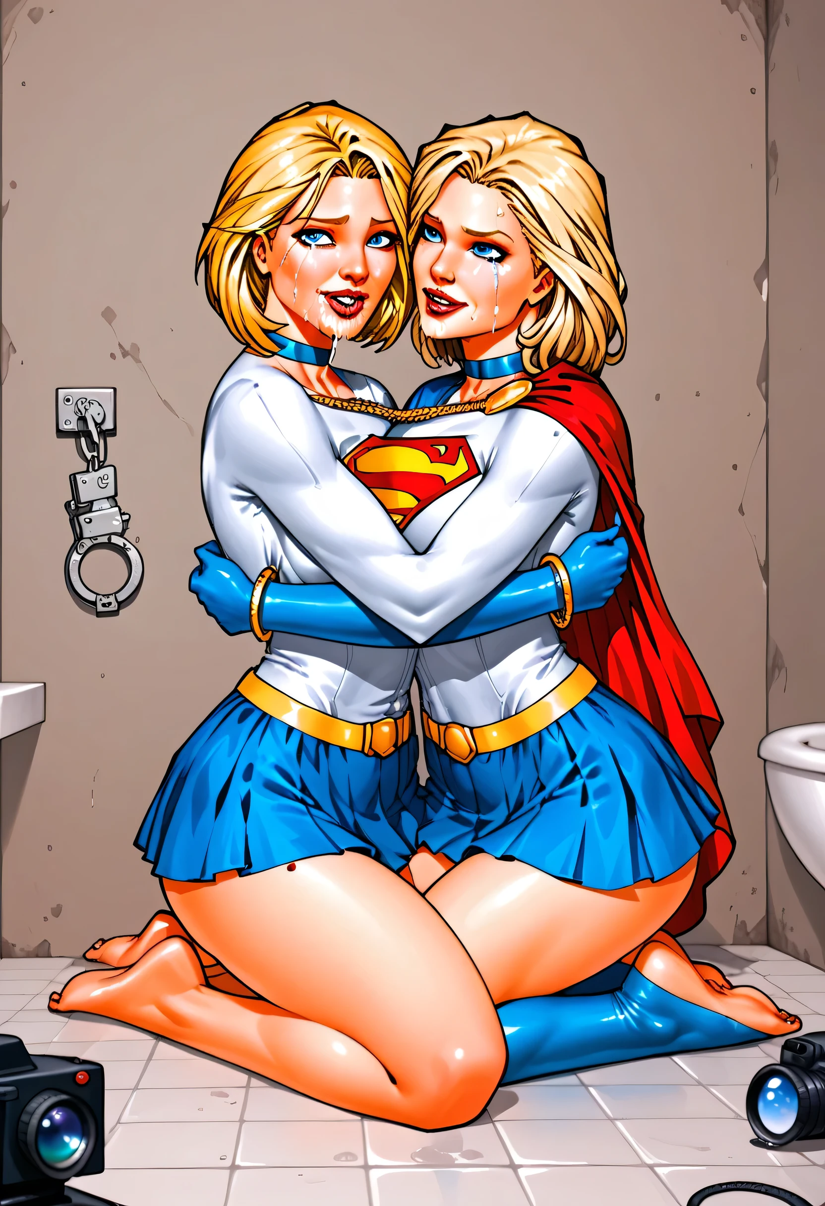 obra-prima, best quality, 2 s, Two plus-size women in Supergirl and Powergirl uniforms, in a dirty men's bathroom, cameras filming. beijo, hug, (On the wall ), (suor:1.2), par, (corar), (trace of saliva), big ass, De lado, unbuttoned blouse, skirt raised, meias altas, ligas, Salto alto, prominent nipple. Kneeling lightly, expression of defeat, expression of submission , crying a lot, handcuffs on feet , handcuffs on hands, neck collar.