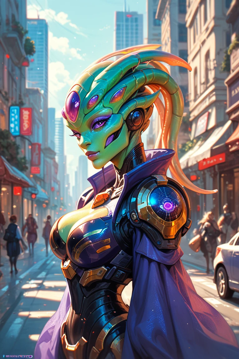 (Pathetic Painting:1.3) of (Cel shading:1.3) of ((A regal alien diplomat with elegant attire, unique markings, and cosmic accessories. Extraterrestrial hues, cosmic purples, and diplomatic golds. Diplomatic and otherworldly.:1.3)), Volumetric Lighting, Volumetric Light, Volumetric, Natural Lighting, absurdres, high resolution, (8k resolution), 8k, 8kres, 8k res, high details, detailed and intricate, intricate details, high intricate details, absurd amount of details, super resolution, ultra hd, megapixel, Deep Focus, Hip Level Shot, Quarter Turn Camera Staging, From Front, From Side, "Frontal Full Body Pose, Highlights the overall body shape and symmetry", "Futuristic, Sci-fi, Sleek, Cutting-edge", <lora:add-detail-xl:1>, <lora:cyborg_style_xl-alpha:0.4> cyborg style, <lora:Sci-fi_Environments_sdxl:0.35> scenery, outdoors, building, science_fiction, <lora:mecha-000009 (1):0.4> mechanical style, solo, science fiction,(by Artist Sam Gilliam:1.3),(by Artist Jean Giraud:1.3),(by Artist Thomas Shotter Boys:1.3),(Lowbrow Art:1.3),(close portrait:1.3),thematic background