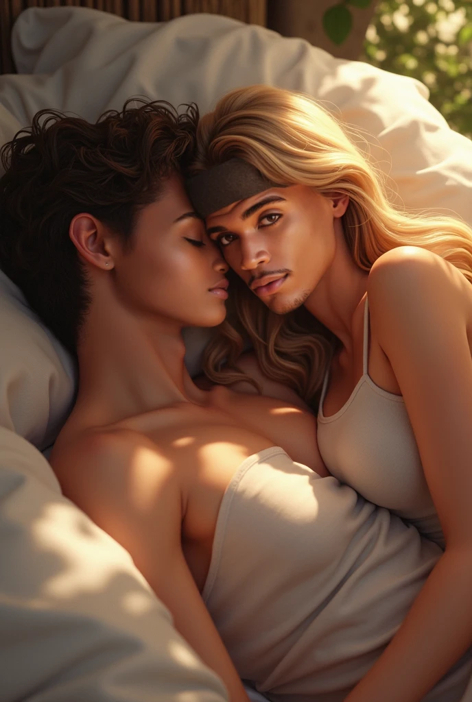 A girl on a boys chest, the girls eyes closed and the boy kissing her forehead
Make the girl dark with short hair
And the guy with blonde fluffy hair and red eyes and fair skin
Make them realistic and grown ups