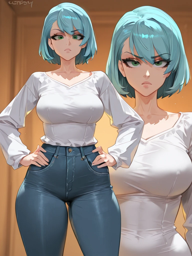 (masterpiece, best quality:1.2), 1girl, solo, side view, perfil, full body, multiple views, huge round breasts, huge round ass, long legs, long arms, slim narrow waist, dark brown clothes, wide hips, hourglass figure, slim elongated curvy body, beautiful feet, curly hair, blue hair, dark green eyes, high heeled sandals, fur trim, choker, cropped jacket, dark brown gloves, arched eyelashes, long dark brown pants, fine upturned nose, wide full lips, wide mouth, beautiful face, 187 centimeters tall, 30 years old, mature female, long neck, provocatively revealing neckline, fur coat, backless outfit, revealing clothing, bikini top only, face focus, foot focus, above view, back view, upper body, lower body, armpits