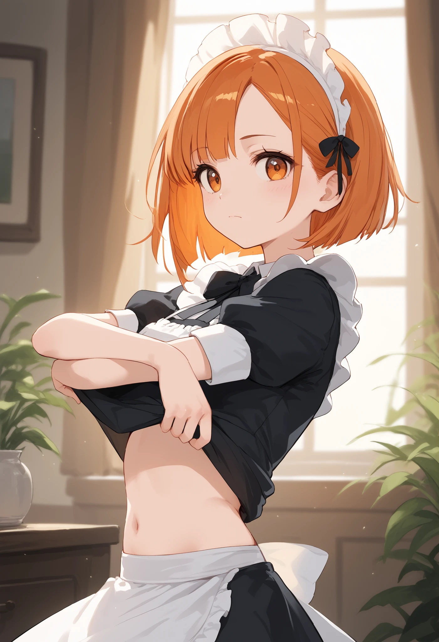 Girl、Curled hair、Cutting bangs、Yellow Eyes、Orange hair color、ta Fashion、Frills、ボリュームのあるFrillsのスカート、Lots of ribbons、Short、cute、smile、fairy tale western style room、skirt lift、garter belt、Off the shoulder、topless、(show off breast)、Show off your breasts、(Nipples)、Leg spread、Pussy、spread pussy、(nsfw)