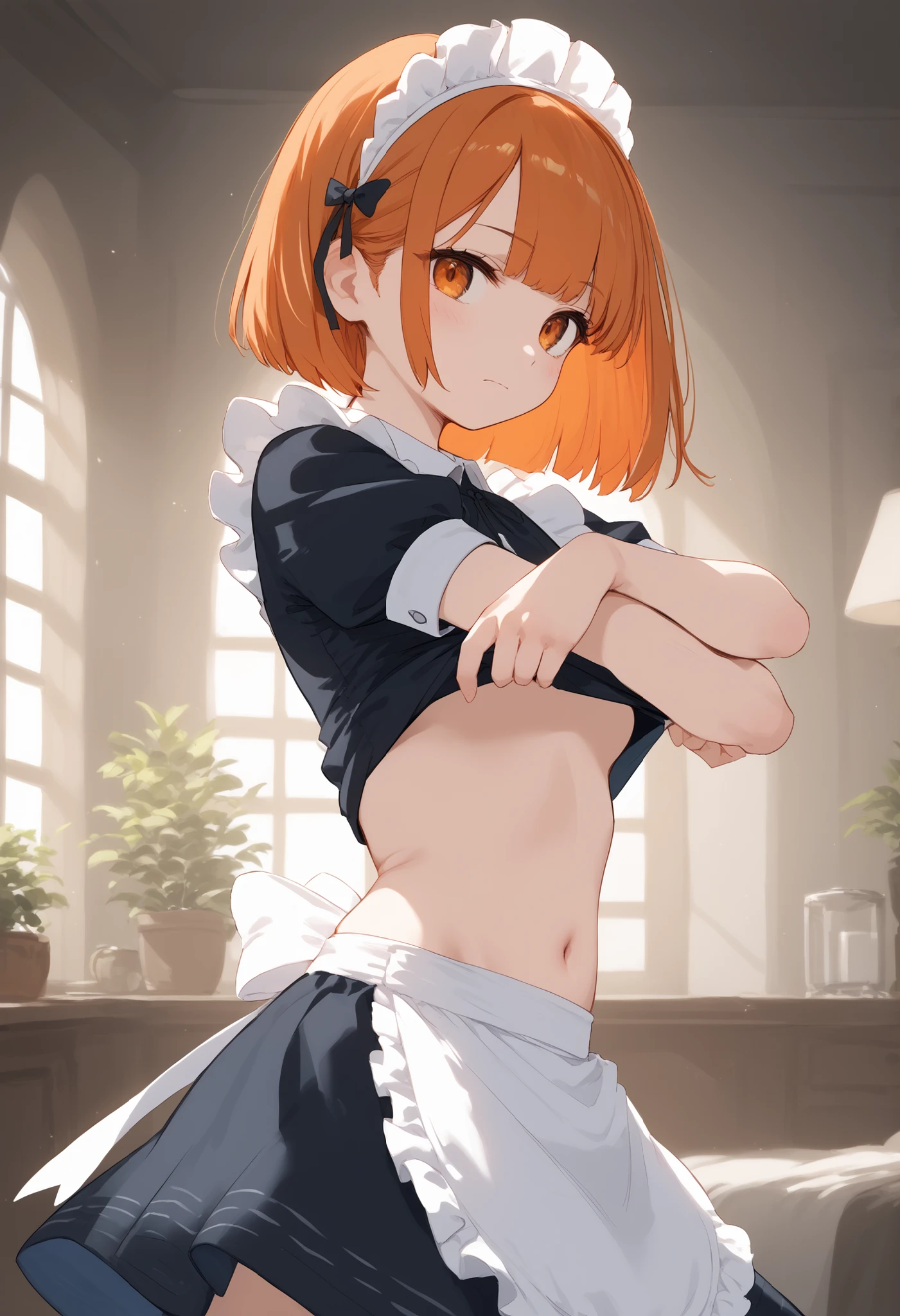 score_9, score_8_up, score_7_up, source_anime,
1 girl,solo,medium chest, maid, maid headdress,
skirt for ears, belly button, , undress, Shirt Lift, take off your clothes, lift yourself, arm crossing,
from the side, fisheye lens, looks down on the lord's son, orange hair, orange eyes,full face , Abby , closed mouth, Home Cut Hair,