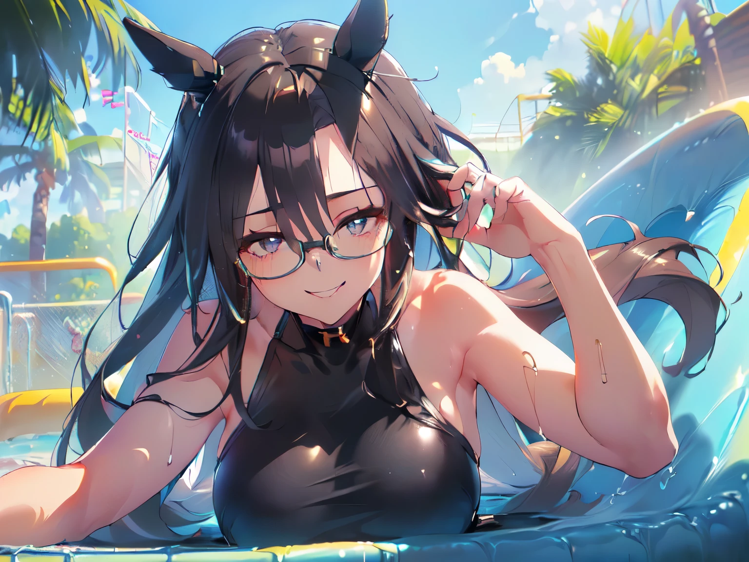 Highest quality,Highest Resolution,bath towel1Sheet,night,Very beautiful eyes,Big Breasts,Black Hair,hot spring,bath,no gravity,Glasses,