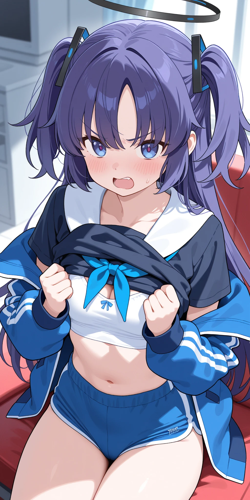 kaito, two-toned hair, blue hair, purple hair, purple eyes, scarf, necklace,, short hair., , empty eyes Running, wearing nothing, big anime eyes, , shiny hair, bare-skin, navel, the groin, BREAK in front of convenience store, large breasts、 Nipples, nsfw, nipple , Heavy snowfall
