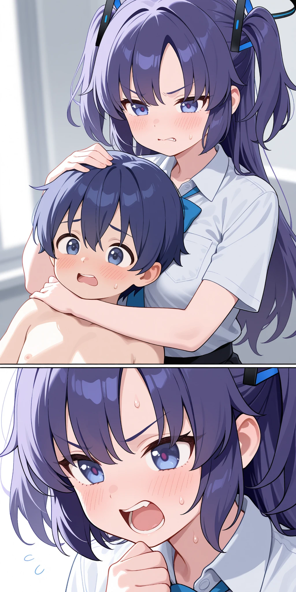 completed naked, standing, classroom, black hair, twintails