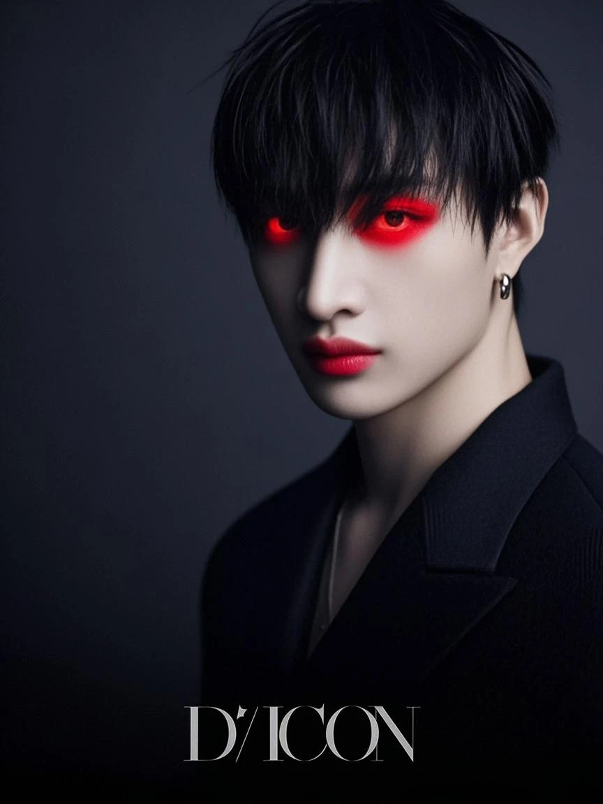Anime male, with red eyes, mafia, standing with his back to the sky, at night, full body visible, short black hair with red highlights, shot with Kodak Portra 400 film, wearing a black suit, no pattern,