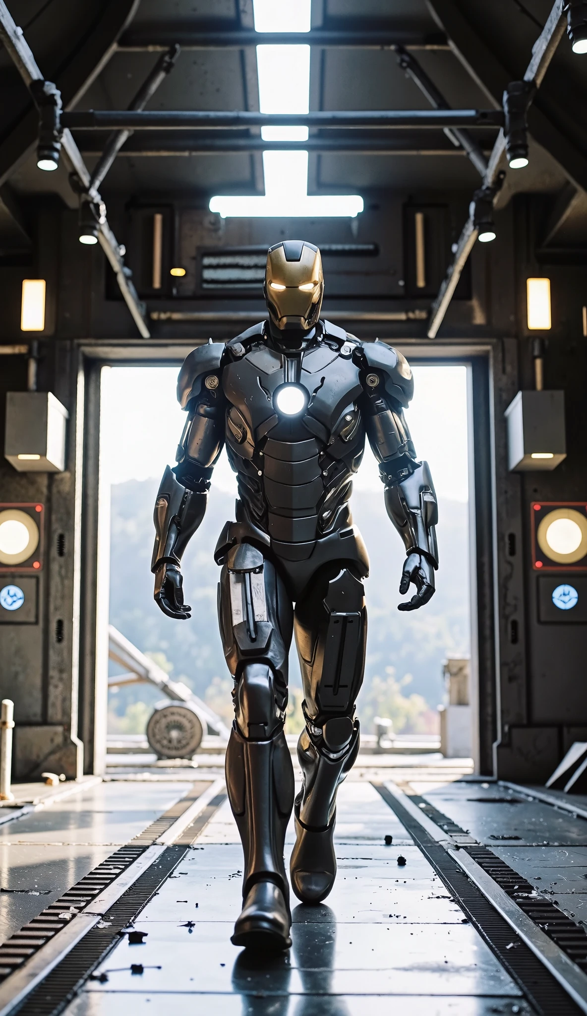 "The Iron Man Mark 1 suit, a rugged and bulky prototype armor built from salvaged parts, confidently walking like a runway model inside the hangar of the Milano spaceship from Guardians of the Galaxy. The Mark 1 suit features weathered, industrial metal plating, exposed bolts, and a glowing arc reactor in the chest. Despite its crude design, the suit moves with purpose and power, exuding presence.  The hangar is filled with futuristic tech, glowing control panels, Guardians’ gear, and soft cosmic light pouring in from the open ship ramp. The scene is cinematic and ultra-realistic, 4K resolution, with dramatic lighting and a fashion runway vibe set in a sci-fi space environment."