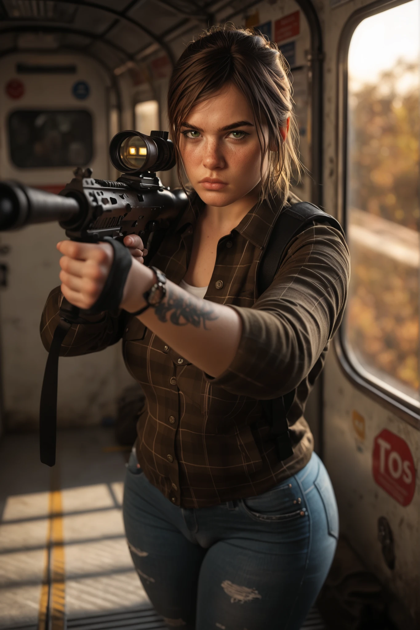  score_9, score_8_up, score_7_up, score_6_up, TLOU2Ellie, 1girl, brown hair, green eyes, looking at viewer, angry, frown, agressive, serious, full body, subway tunnel, apocaliptic, moss, concrete, pointing rifle to viewer, tight jeans, cameltoe, tight shirt, jacket, boots, white tanktop, open shirt, plaid shirt, above, looking at viewer, soft lighting, warm lighting, wide hips, big ass, thick thighs, holding a rifle with both hands, tactical rifle, aiming a rifle, tight jeans, cameltoe, huge thick thighs, huge ass, thick thighs, curvy, plump, clitoris, perfect hand, small hand, femenine hand, 5 fingers,
