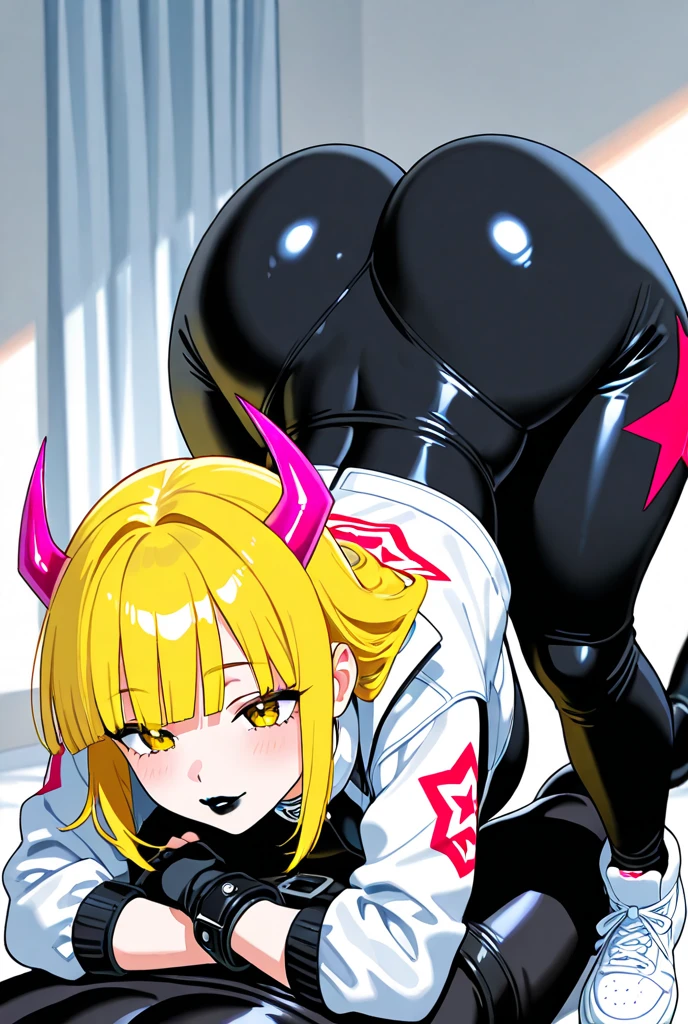masterpiece, 1girl, mature female, best quality, (cleavage:0.2), (gigantic breasts:1.0), big eyes, (curvy:0.8), caustics, Lucoa - Maid Dragon, blonde hair, gradient hair, heterochromia, yellow eye, green eye, horns, one eye closed, lucoa, Lucoa - Dragon Maid, latex clothes, shiny skin, latex skin, high heels, standing, whole character in view, latex bodysuit, crotchless bodysuit, chastity cage, flat chastity cage, testicles, undersized chastity cage, dripping cum from chastity cage, horny expression, sadistic pleasured expression, rubber hair, shiny hair, reflective hair, latex hair, solid hair, latex hair, rubberized hair, plastic hair, super shiny skin, 3dcg, 3d style, blender, blender style, blank background, perfect eyes, womb tattoo, succubus tattoo, blow-up doll seam lines, dollified Lucoa, hard nipples, exposed feet, detailed feet, huge platform heels, squatting, dildo squatting, anal, horsecock, horsecock dildo, dildo in ass, facing viewer