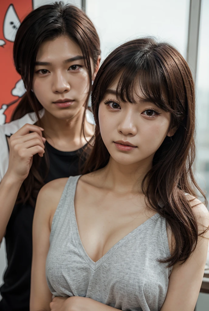 Night,A boy and a girl standing together,In university dormitories,Long-range shooting,(Original Photography:1.3),athlete,1 Girl, Perfect body, Beautiful face,Very detailed details of the face,Messy black hair, Smart eyes,Sweating,Cleavage,Sexy bulge,Track and field wear, sports Shorts,Long legs,sports shoes,Soaked,Standing,