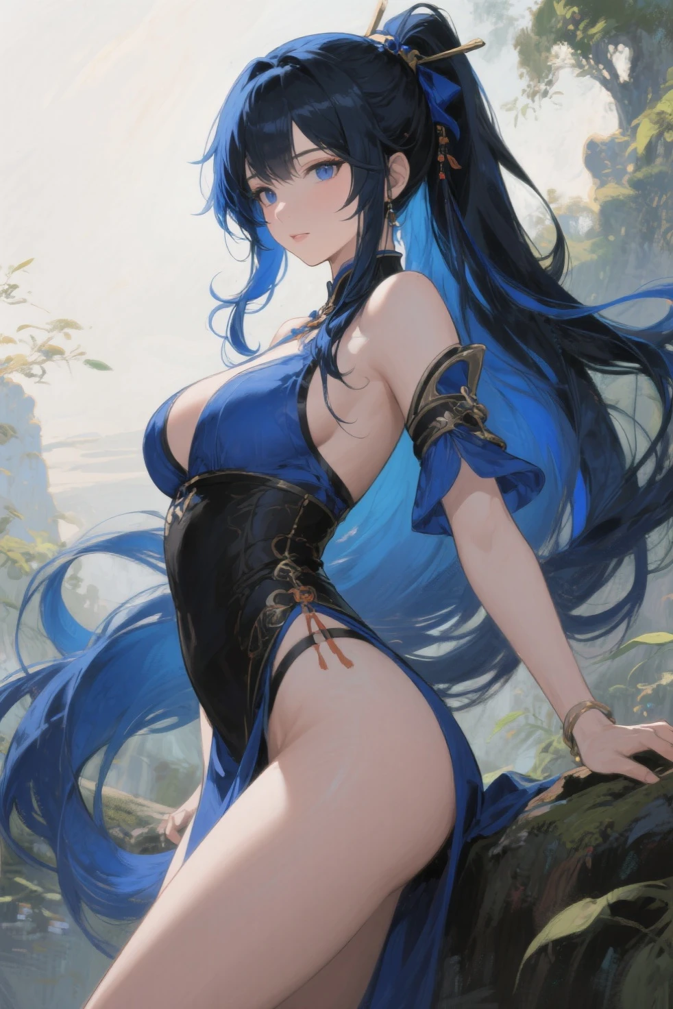 ((Highest quality、unity 8k wallpaper、32k、masterpiece、Very detailed、Ultra-high resolution、Ultra-high resolution、 Very detailedな顔, RAW Photos, Professional, Ultra-fine painting, Anatomically accurate lizard man)) Kotegawa Yui morphing into lizardwomen, kotegawayui, black long hair, yellow eyes, ((Reptilian eyes)、Mouth with sharp fangs、From shoulder to clavicle、Covered in fine scales up to the neck、(On the butt、A long, impressive lizard tail connected to the spine growing from the tailbone) 、Lizard legs with sharp claws、Fine blue scales growing like thigh-high socks、Fine blue scales growing like long gloves、Long fingernails)、Nipples in full view、((Fine scales on the flank、Fine blue scales growing around the waist, Scales on the back、Scales from flank to thigh))、The boundary between the scales and the skin is not clear、