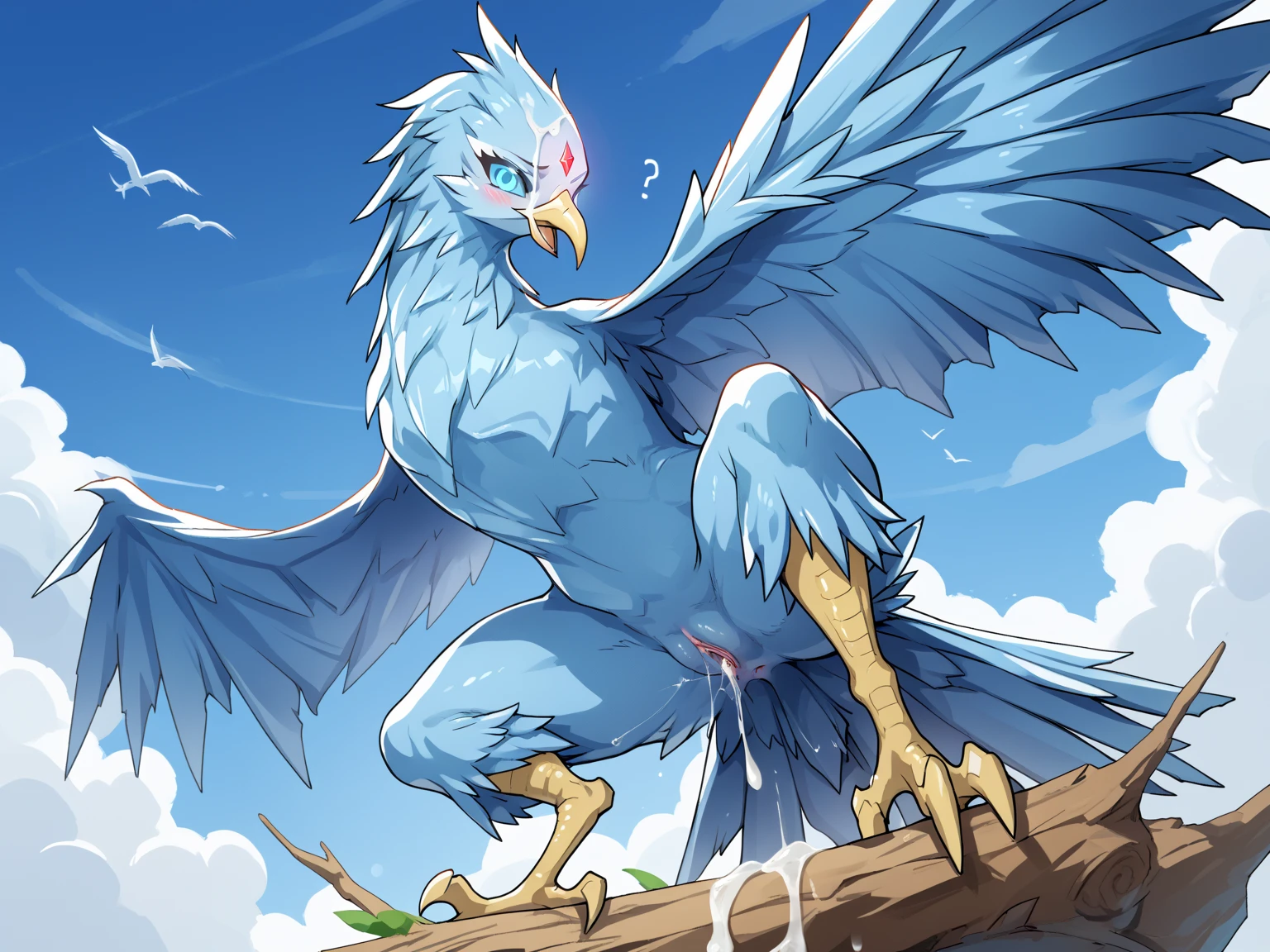 ultra-detailed, masterpiece, masterwork, high quality, best quality, hdr, (nature, japanese style), nsfw, male, solo, avian, chibi, (nude), (white little body crow), (long silver hair, beak, detailed yellow eyes, tsurime), horn, dynamic angle, (micropenis, foreskin, perfect balls), Hands and wings in one piece, cross your arms