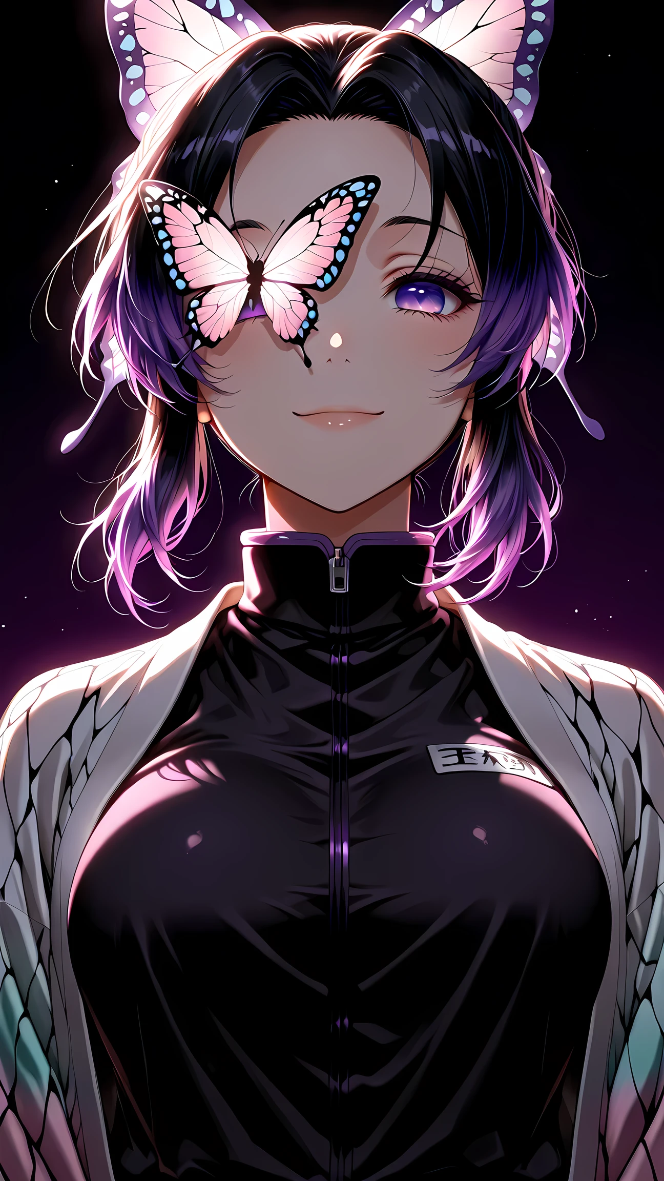 Main content:
The image shows the figure of an anime character, presumably female, with a clear emphasis on neon lighting and stylization. This style gives the image a modern and energetic look.
Background environment:
The background is deep and dark, which helps to highlight the figure and enhance the effect of neon light. The absence of additional details in the background focuses the viewer's attention on the character.
Color Details:
The main color of the image is bright purple (close to fuchsia), which is used to create a neon glow around the figure. This color dominates and creates a spectacular contrast with the dark background.
Emotional expression:
It is difficult to accurately determine the emotional expression of a character because part of the face is covered. However, the overall style and use of neon colors can speak to confidence and strength.
Detailed close-ups:
Hair: The character has short hair styled with noticeable strands and tips highlighted by neon light.
Butterflies: Butterflies glowing with neon light are depicted above the character's head and on his face. Butterflies can be a symbol of transformation, freedom or lightness.
Clothing: The character is dressed in dark clothes with a high collar and a front zipper. The details of the clothes are also illuminated with neon light, which gives them volume and texture.
Eyes: One of the character's eyes is visible and has a bright purple color, corresponding to the overall color tone of the image. score_9, score_8_up, score_7_up, source_anime, shinobukochou, shinobu kochou, animal print, black hair, butterfly, butterfly hair ornament, butterfly print, forehead, gradient hair, hair ornament, haori, multicolored hair, parted bangs, purple hair, short hair, two-tone hair, butterfly print, smile, solo, dutch angle, looking at viewer, cowboy shot