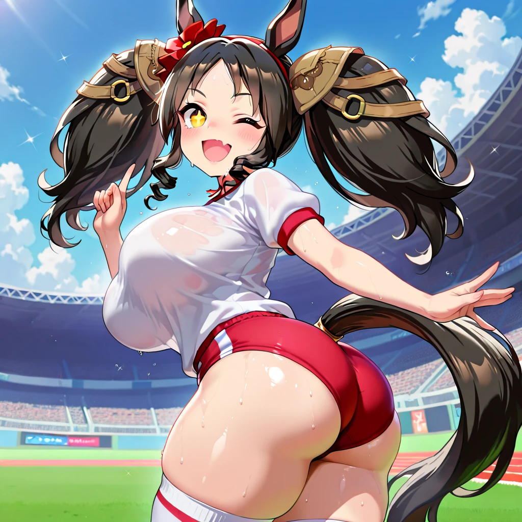 <lora:ChestnutThoroughbredKemonofriends_Thoroughbredsurige:0.7>,KURIGE,
1girl,solo,masterpiece, best quality, high quality,delicate facial features,mishoujo,hyper_detail,game cg, finely detailed beautiful eyes and detailed face,lustrous skin,colorful
chestnut_thoroughbred_(kemono_friends), horse ears,horse tail, horse girl, brown hair, navel, multicolored hair, white hair, brown eyes, ponytail, long hair, (huge breasts:1.2)
brown_buruma, sports bra,brown_sportswear, brown socks, elbow gloves, bare shoulders, fingerless gloves, midriff, kneehighs, shoes, track uniform, japari symbol, track uniform,
(looking back:1.2), (standing:1.2), (cowboy_shot:1.3),blush,smile,open mouth, embarrassed,sweat,wet_clothes,leaning forward,ass
(field:1.3), sunlight, blue sky,cloud, tree, mountain