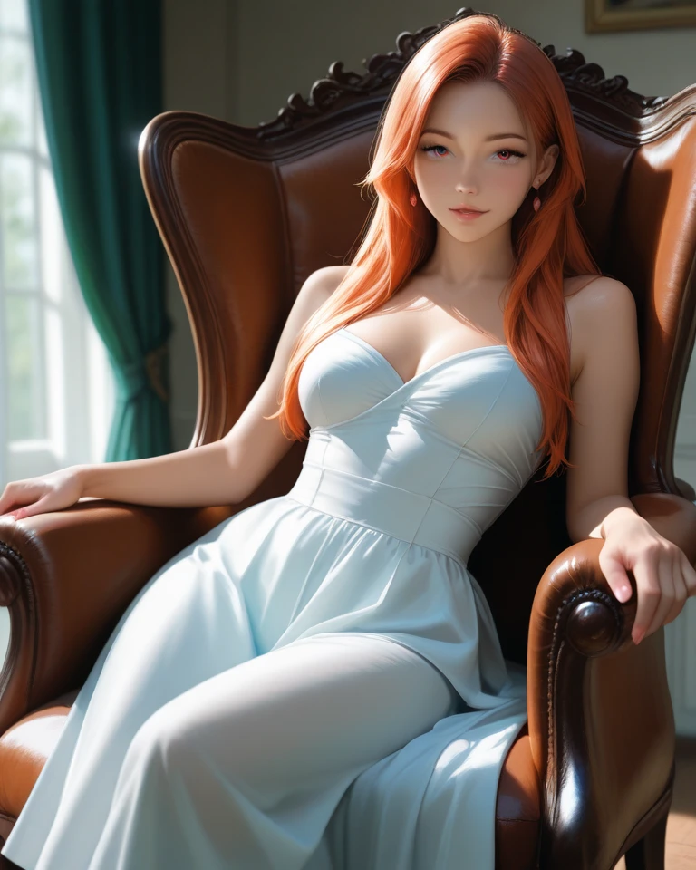 one evil vampiress with sharp fangs, translucent sundress , longest orange hair, green eyes, on a sofa, realistic lighting, camera raw, photorealistic, realistic image, realistic detail, detailed body, detailed face