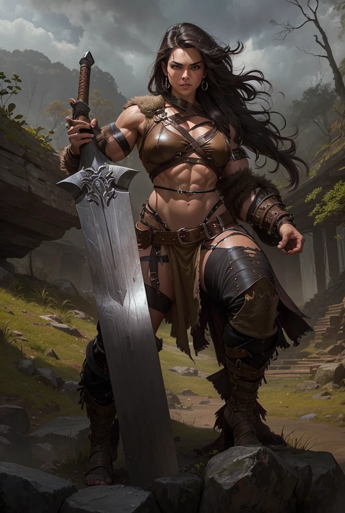 sandra bullock as a she barbarian from dungeons and dragons,  DnD, in the style of realistic and hyper-detailed renderings,dungeons and dragons, 8k, detailed eyes, perfect eyes, epic , dramatic , fantastical, full body , intricate design and details, dramatic lighting, hyperrealism, photorealistic, cinematic, 8k, detailed face, Dramatic photo,epic photo, whole body,barbarian,