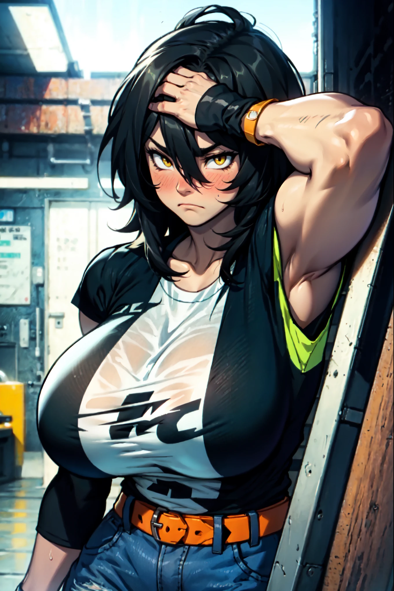 athletic build massive breasts pale skin black hair yellow eyes sad frown long hair