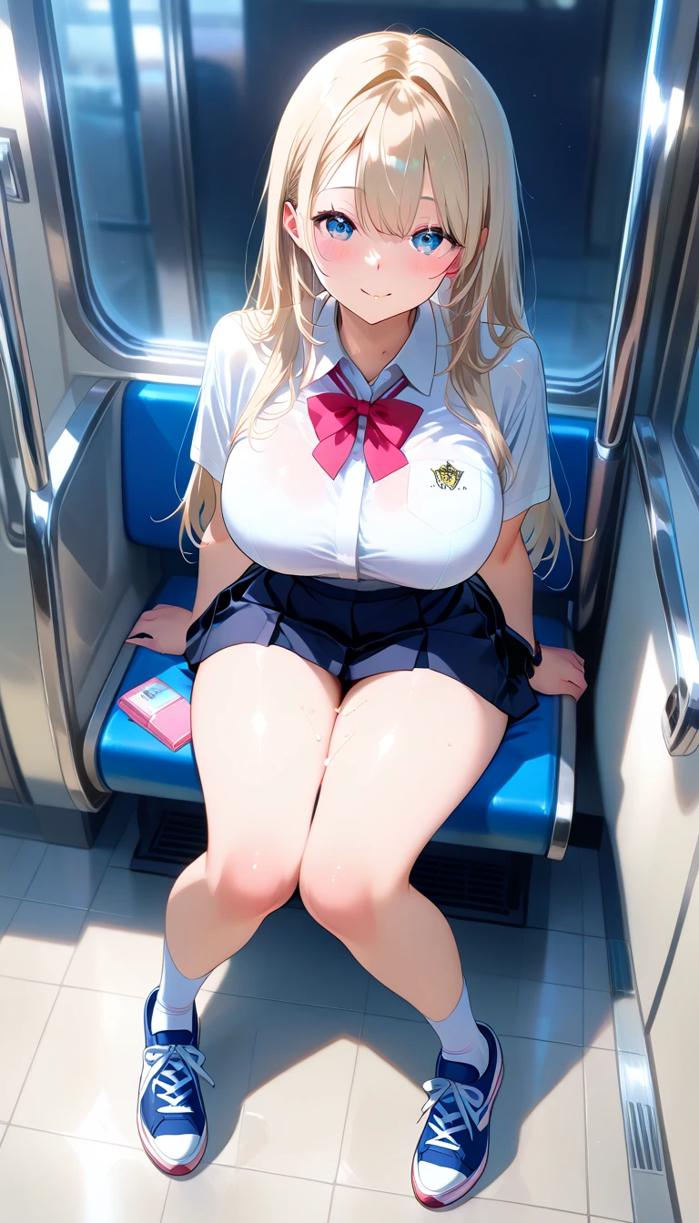 (Highest quality, 8K, 4K, High resolution, masterpiece:1.2), Very detailed, Anime Style:0.9, Realistic, Bright colors, Written boundary depth, Blurred Background, alone, 1 female, (blonde, Long Hair, Dark brown eyes), Beautiful facial details, Beautiful Eyes, Long eyelashes, Soft lips, (Small face), (smile:1.3), Rear View, ((uniform:1.2, )), train, (Sit with your legs apart), Lace Underwear, Big cleavage, Expressions of ecstasy, Sweat, Blushing, My body is soaked, Wet Panties, Cloudy semen splattered on her chest,
