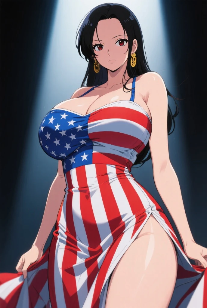 a pin up girl blonde short hair, big breasts with wide waist bright skin, female version character Homelander from The Boys series, suit of the character Homelander and a coat with the United States flag, full view body posing standing action figure from head to toes, city scene destroy With colors from the United States